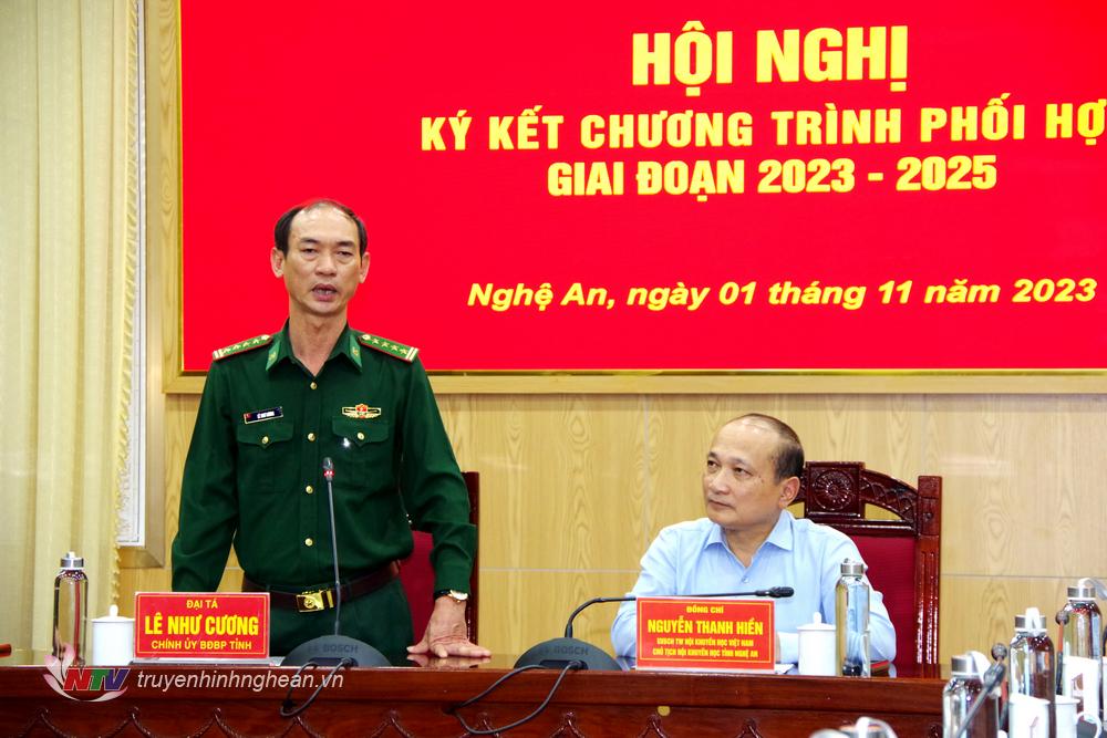 Đại tá Lê Như Cương, Bí thư Đảng uỷ, Chính uỷ BĐBP tỉnh phát biểu tại Hội nghị