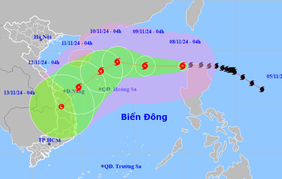 Dự báo vị trí và hướng di chuyển bão số 7 lúc 4h sáng 8-11 - Ảnh: NCHMF