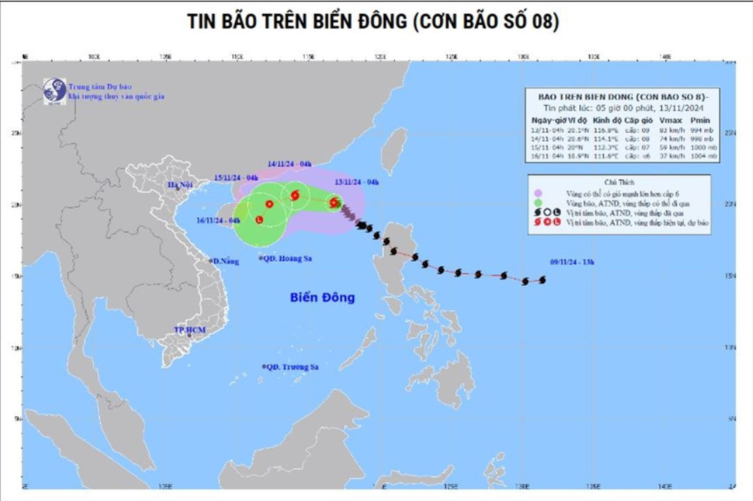 Thời tiết hôm nay (13-11), bão số 8 tiếp tục hướng về miền Trung. Ảnh: kttv.gov.vn