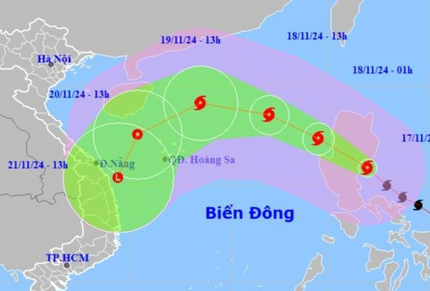 Dự báo vị trí và hướng di chuyển của siêu bão Man-Yi. Nguồn: Trung tâm Dự báo khí tượng thủy văn quốc gia