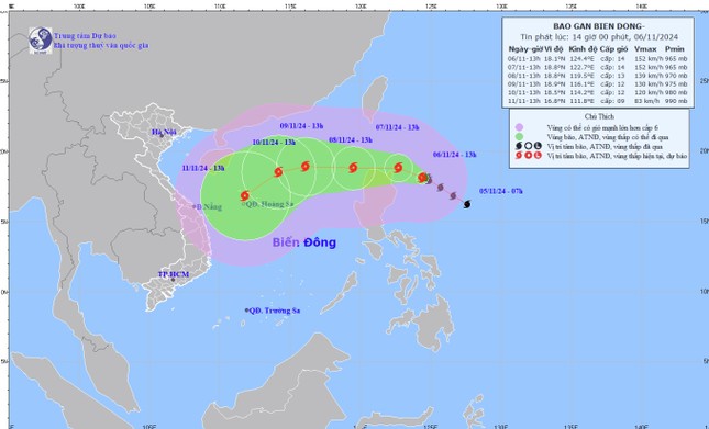 Cập nhật vị trí và đường đi của bão Yinxing hồi 13h ngày 6/11. Ảnh: Trung tâm Dự báo Khí tượng Thủy văn Quốc gia