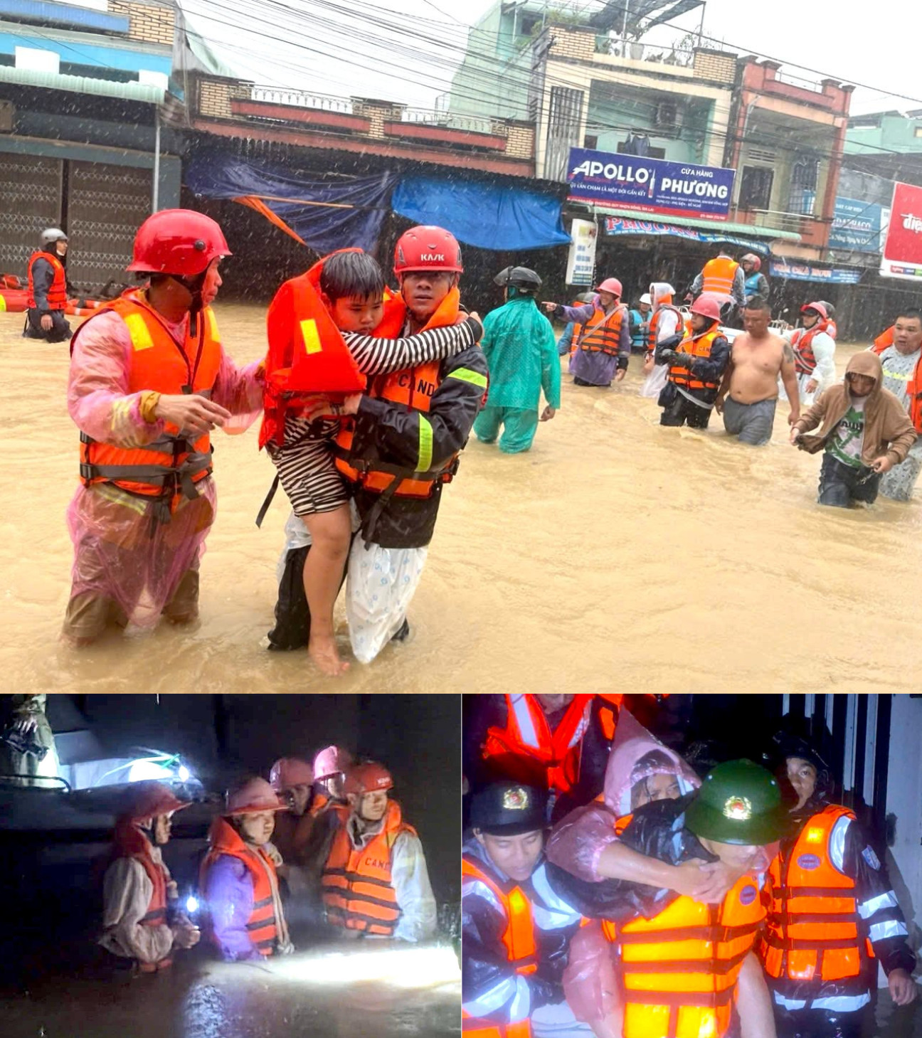 Lực lượng cứu hộ đầm mình dưới dòng nước lũ sơ tán người dân.