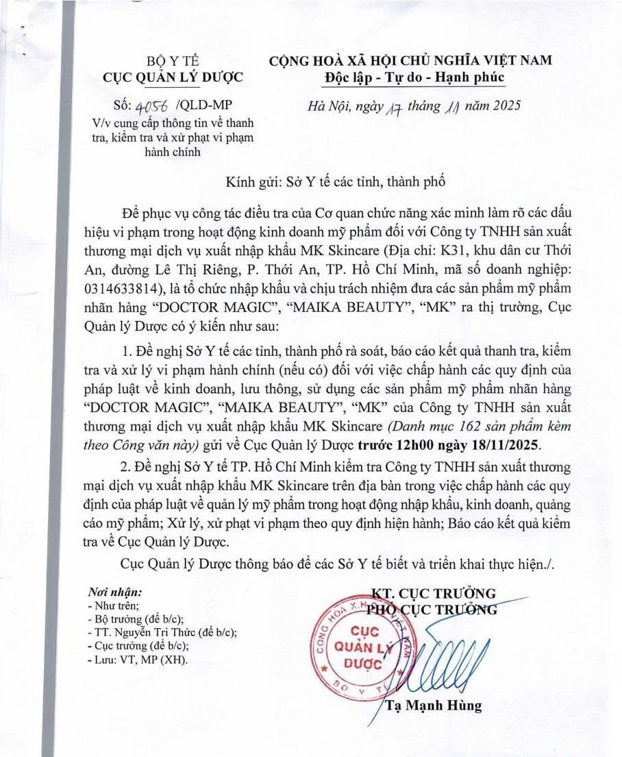 Văn bản của Bộ Y tế gửi Sở Y tế các địa phương.