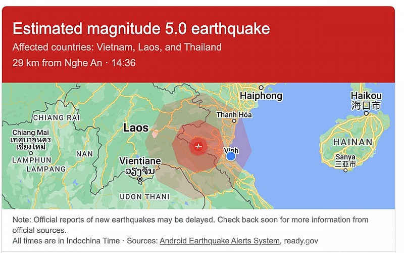 Vị trí chấn tâm động đất ở huyện Tương Dương, tỉnh Nghệ An