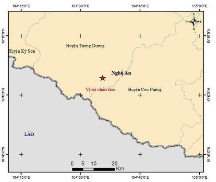 Vị trí động đất xảy ra ở Nghệ An trong chiều nay (27/12).