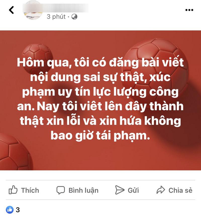 Anh T. đăng tải lời xin lỗi cán bộ, chiến sỹ Công an huyện Quỳnh Lưu trên trang Facebook cá nhân.