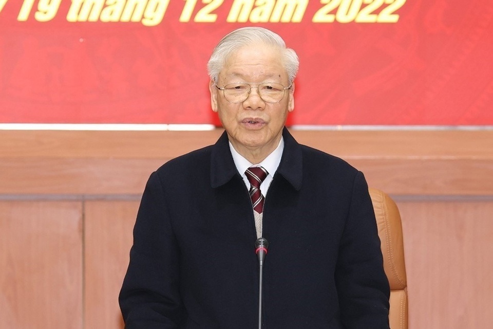 Tổng bí thư Nguyễn Phú Trọng, Bí thư Quân ủy Trung ương, phát biểu kết luận hội nghị.