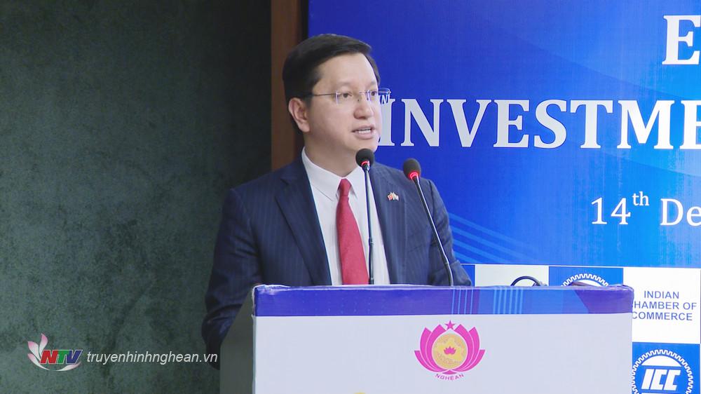 Đại sứ Việt Nam tại Ấn Độ Nguyễn Thanh Hải phát biểu tại hội thảo. 