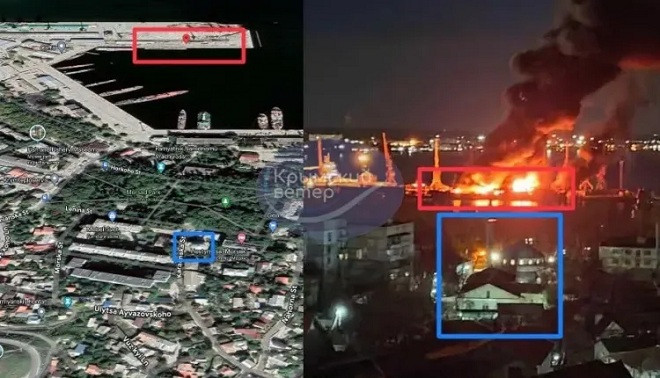 Hình ảnh vụ nổ tàu đổ bộ cỡ lớn Novocherkassk của Nga ở bán đảo Crưm. Ảnh: Obozrevatel