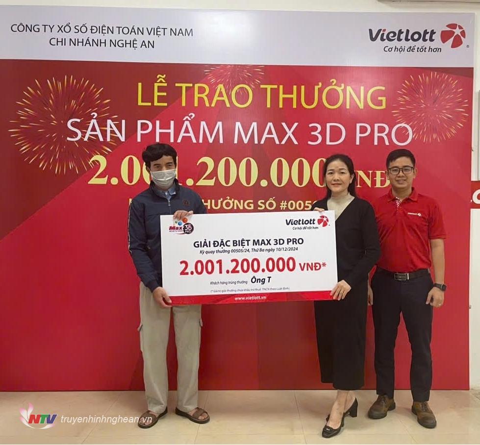 Khách hàng trúng thưởng và Đại diện Vietlott tại buổi lễ trao thưởng ngày 10/12/2024