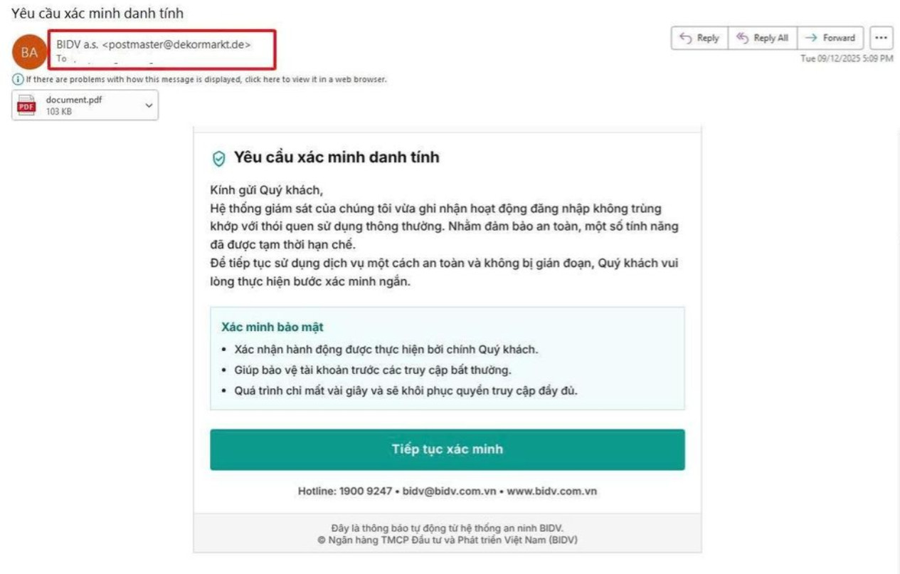 BIDV cảnh báo email giả mạo chứa đường dẫn không an toàn. Ảnh: BIDV.