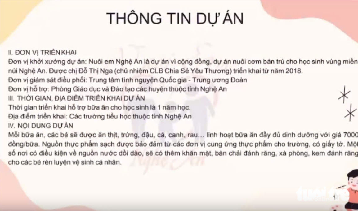 Thông tin dự án Nuôi em Nghệ An cung cấp cho các nhà hảo tâm - Ảnh: DOÃN HÒA