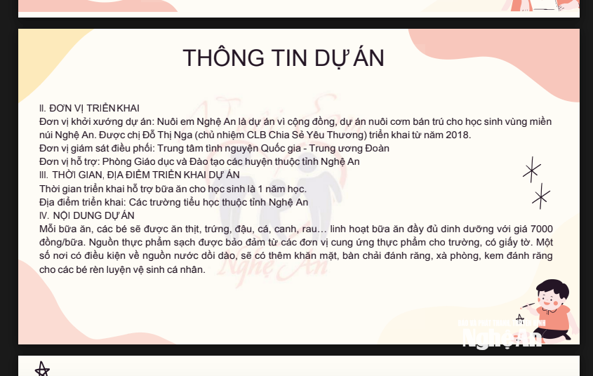 Thông tin dự án được đăng tải trên trang fanpage Dự án nuôi em - Nghệ An. Ảnh: Chụp lại màn hình