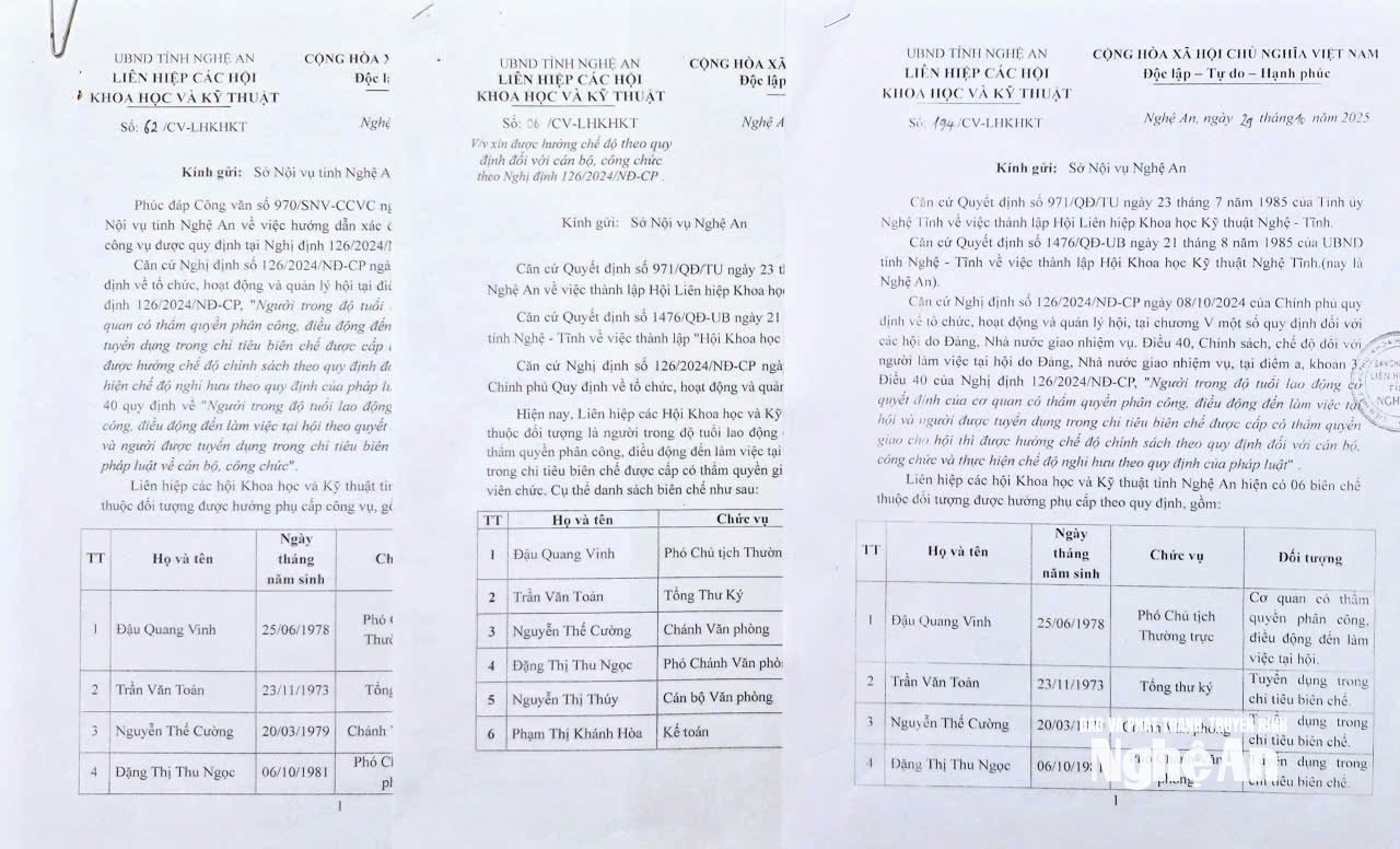 3 văn bản của Liên hiệp các Hội Khoa học kỹ thuật Nghệ An về việc thực hiện chế độ phụ cấp theo Nghi định 126/2024/NĐ-CP của Chính phủ gửi đến Sở Nội vụ. Ảnh: Nhật Lân