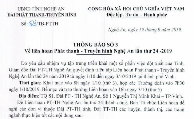 Thông báo số 3 - Liên hoan phát thanh - Truyền hình tỉnh Nghệ An lần thứ 24-2019
