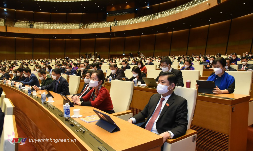 Các đại biểu Quốc hội Nghệ An dự họp tại Hội trường Diên Hồng, Nhà Quốc hội sáng 13/11.