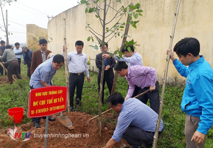 Ông Chu Thế Huyền - Bí thư Huyện ủy Diễn Châu tham gia trồng cây tại khu vực sân vận động huyện