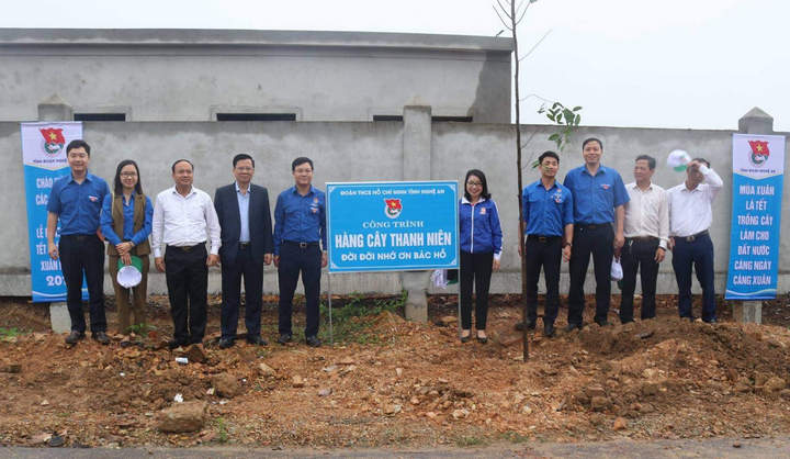 Lãnh đạo Tỉnh đoàn, lãnh đạo huyện Yên Thành chụp ảnh lưu niệm bên công trình "Hàng cây thanh niên".