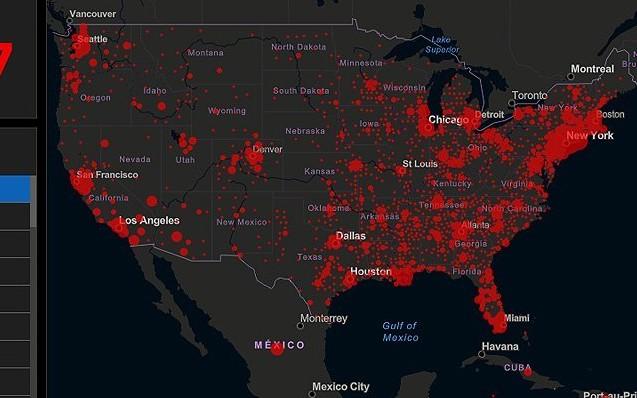 Các điểm nóng về Covid-19 (màu đỏ) trên lãnh thổ nước Mỹ. 