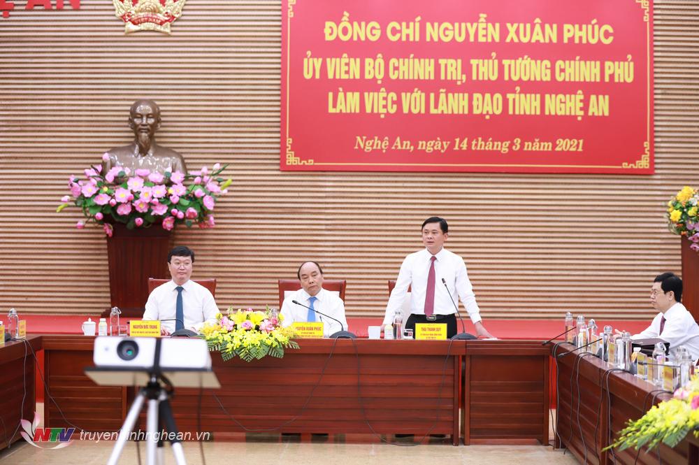 Đồng chí Thái Thanh Quý - Ủy viên Trung ương Đảng, Bí thư Tỉnh ủy phát biểu tại cuộc làm việc.  