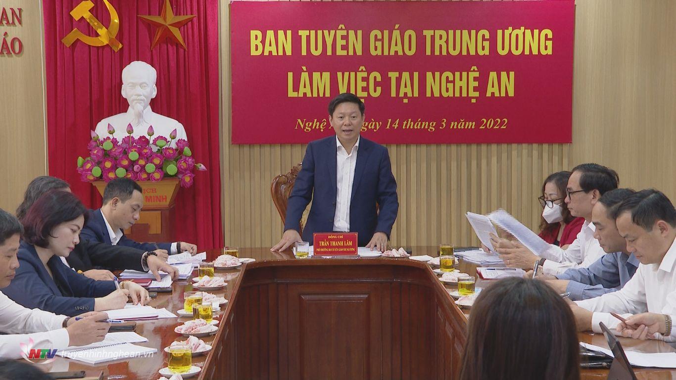 
Phó Trưởng ban Tuyên giáo Trung ương Trần Thanh Lâm kết luận tại buổi làm việc.