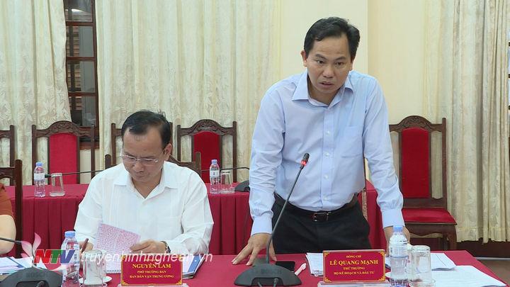 Đồng chí Lê Quang Mạnh Thứ trưởng Bộ KH&DT phát biểu tại buổi làm việc.