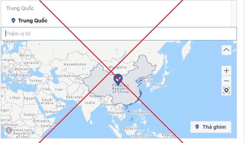 Khi chọn vị trí đối tượng trong cài đặt quảng cáo, Facebook đưa Hoàng Sa và Trường Sa của Việt Nam vào lãnh thổ Trung Quốc. (Ảnh: Facebook)