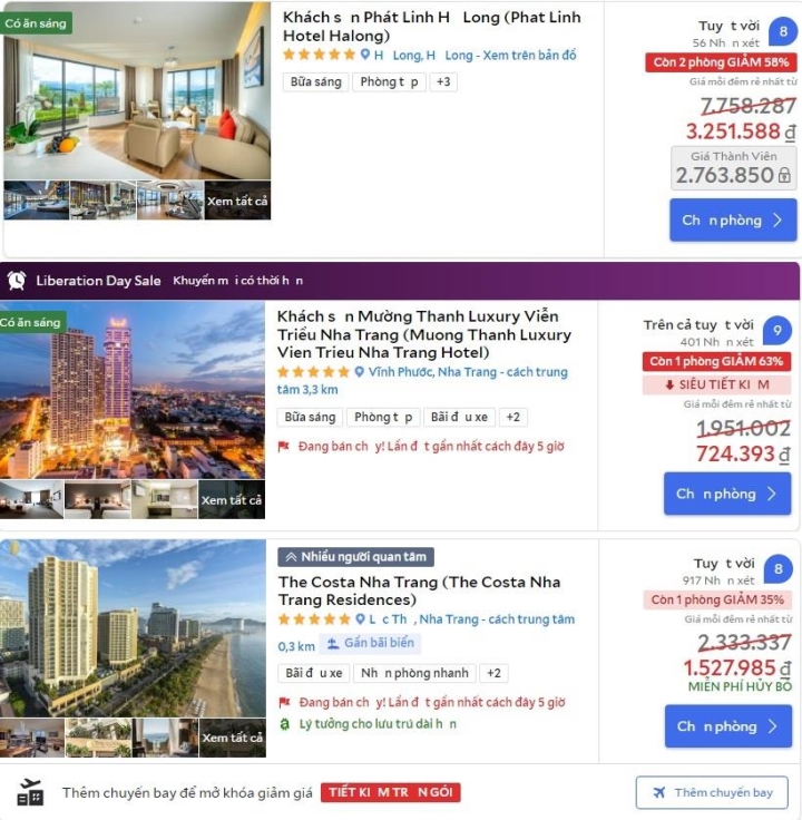 Hàng loạt khách sạn giảm giá phòng dịp nghỉ lễ 30/4. (Ảnh chụp màn hình)
