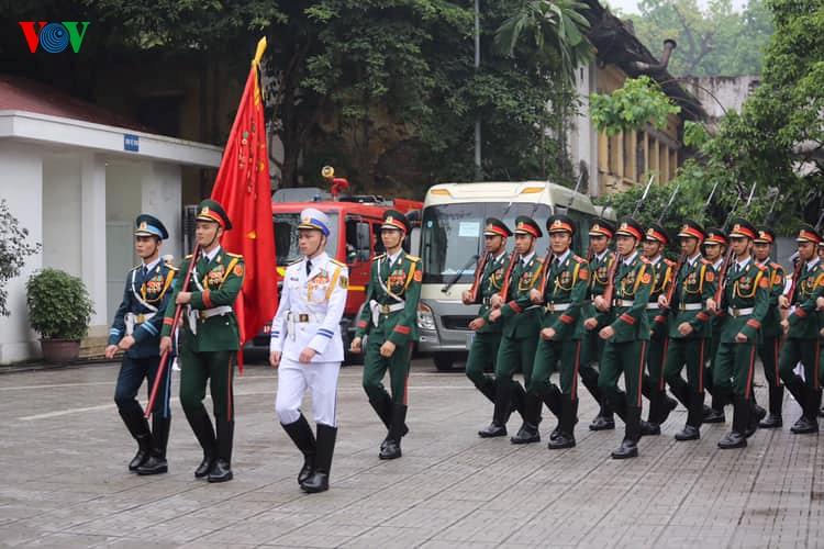 Đội tiêu binh chuẩn bị cho Lễ truy điệu và di quan tại Nhà tang lễ Quốc gia.