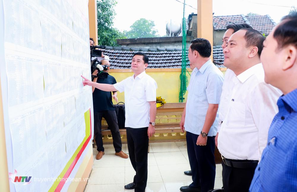 Bí thư Tỉnh ủy Thái Thanh Quý và đoàn công tác kiểm tra niêm yết danh sách cử tri tại xóm Thanh Tân, xã Kỳ Tân, huyện Tân Kỳ.