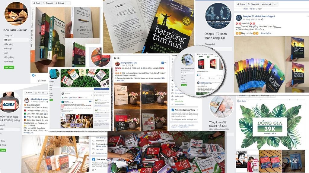 Một số fanpage bán sách giả trên mạng xã hội. Ảnh: First News và Alpha Books.
