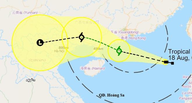 Dự báo đường đi của áp thấp nhiệt đới trên Biển Đông trong những giờ tới. Ảnh: HKO.