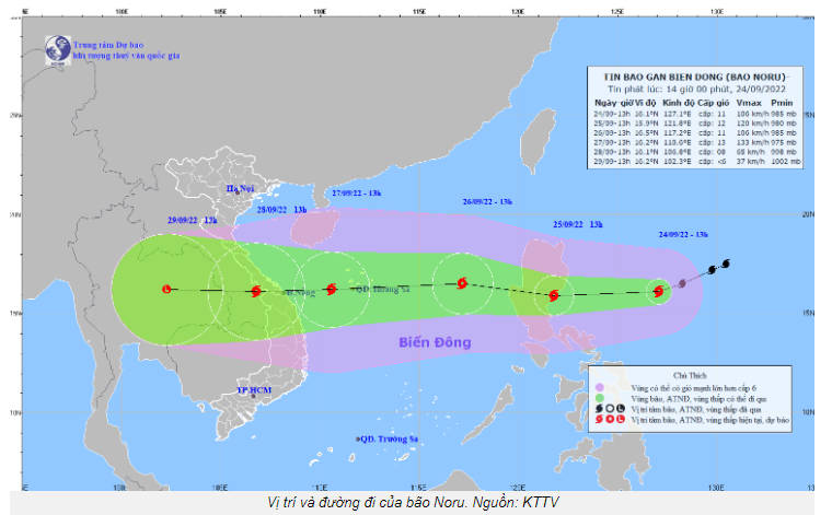 Vị trí và đường đi của bão Noru. Nguồn: KTTV