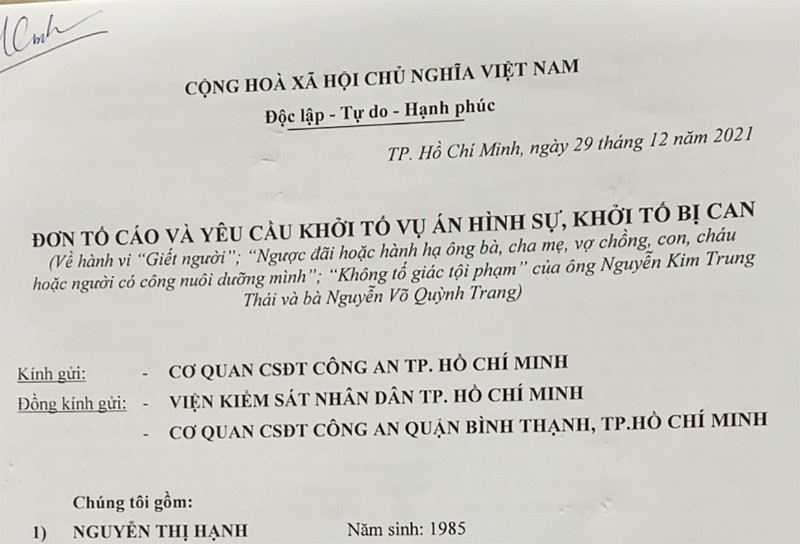 Đơn tố cáo và yêu cầu khởi tố bà Hạnh gửi. 