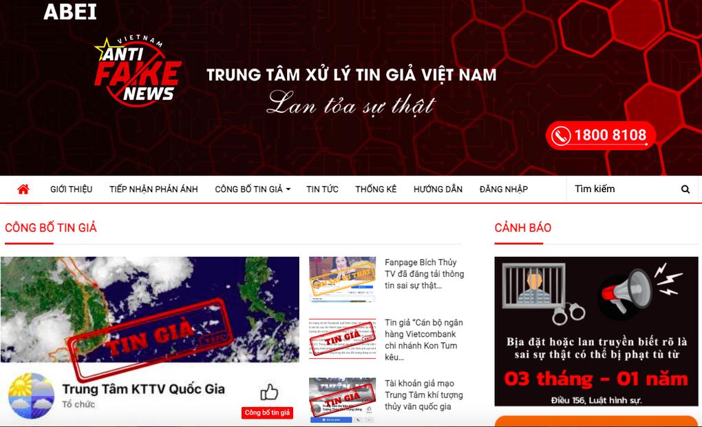 Trang điện tử của Trung tâm xử lý tin giả Việt Nam.