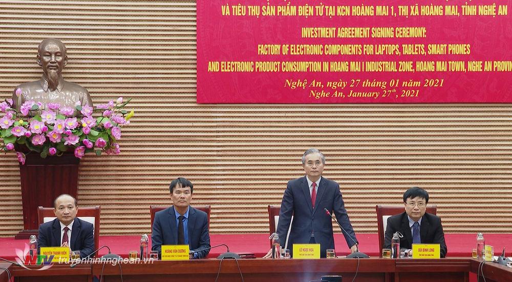 Phó Chủ tịch UBND tỉnh Lê Ngọc Hoa phát biểu tại lễ ký kết.