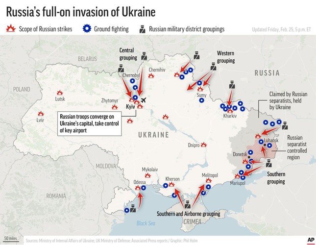 Các hướng tấn công của quân Nga từ ba phía vào Ukraine