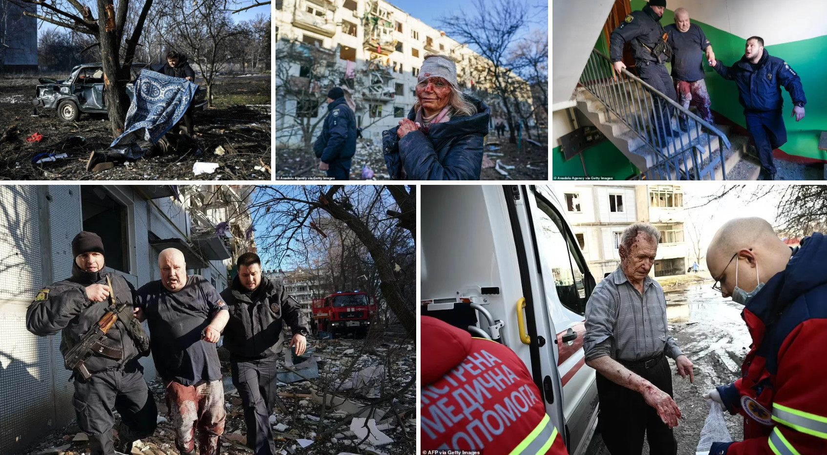 Thường dân gánh chịu thương vong trong các cuộc tấn công của Nga vào những địa phương của Ukraine hôm 24/2. Ảnh: AFP, New York Times.