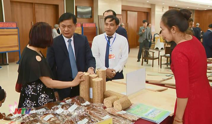 Chủ tịch UBND tỉnh Thái Thanh Quý tham quan khu trưng bày các sản phẩm gỗ.