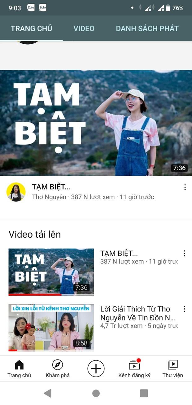 YouTube của Thơ Nguyễn đã ẩn toàn bộ nội dung. Chỉ còn giữ lại clip “Tạm biệt” và clip giải thích vụ ồn ào liên quan đến búp bê. (Ảnh chụp màn hình)