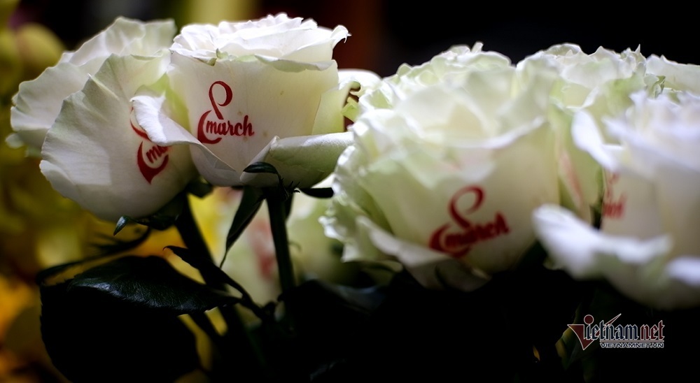 Hoa hồng trắng có in phun chữ lên cánh hoa.