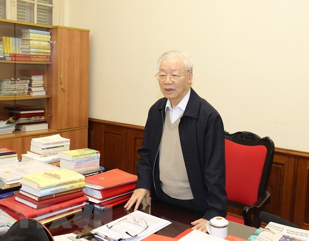 Tổng Bí thư Nguyễn Phú Trọng chủ trì cuộc họp lãnh đạo chủ chốt. Ảnh: TTXVN