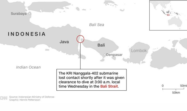 Bản đồ vị trí tàu KRI Nanggala-402 đắm ở eo biển Bali, Indonesia. Ảnh: CNN