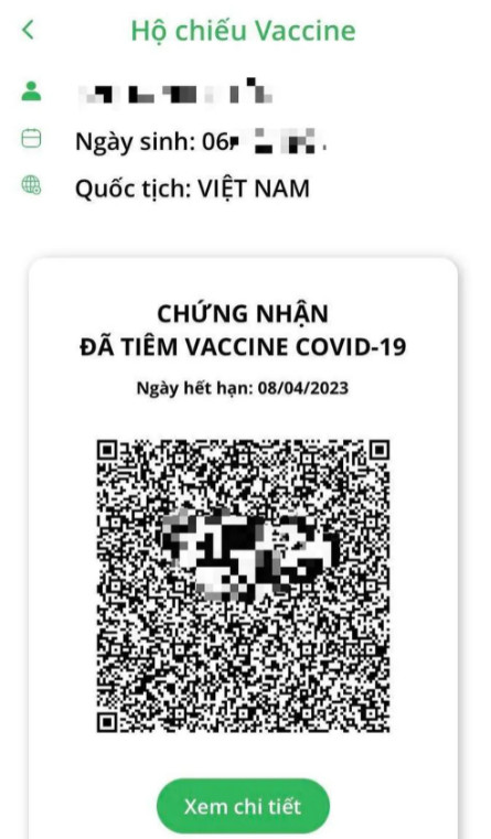 Hộ chiếu vắc-xin của người dân được hiển thị trên ứng dụng PC-Covid