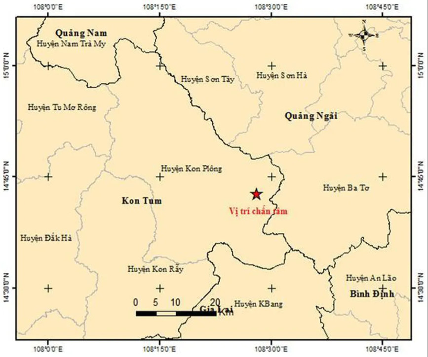 Trận động đất có độ lớn 4,5 xảy ra tại khu vực huyện Kon Plông trong ngày 18/4. (Nguồn: Viện VLĐC)