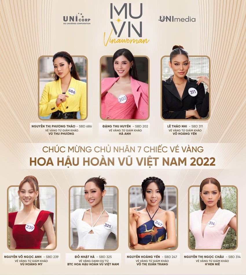 7 thí sinh giành được vé vàng của Hoa hậu Hoàn vũ Việt Nam 2022. Ảnh: BTC.