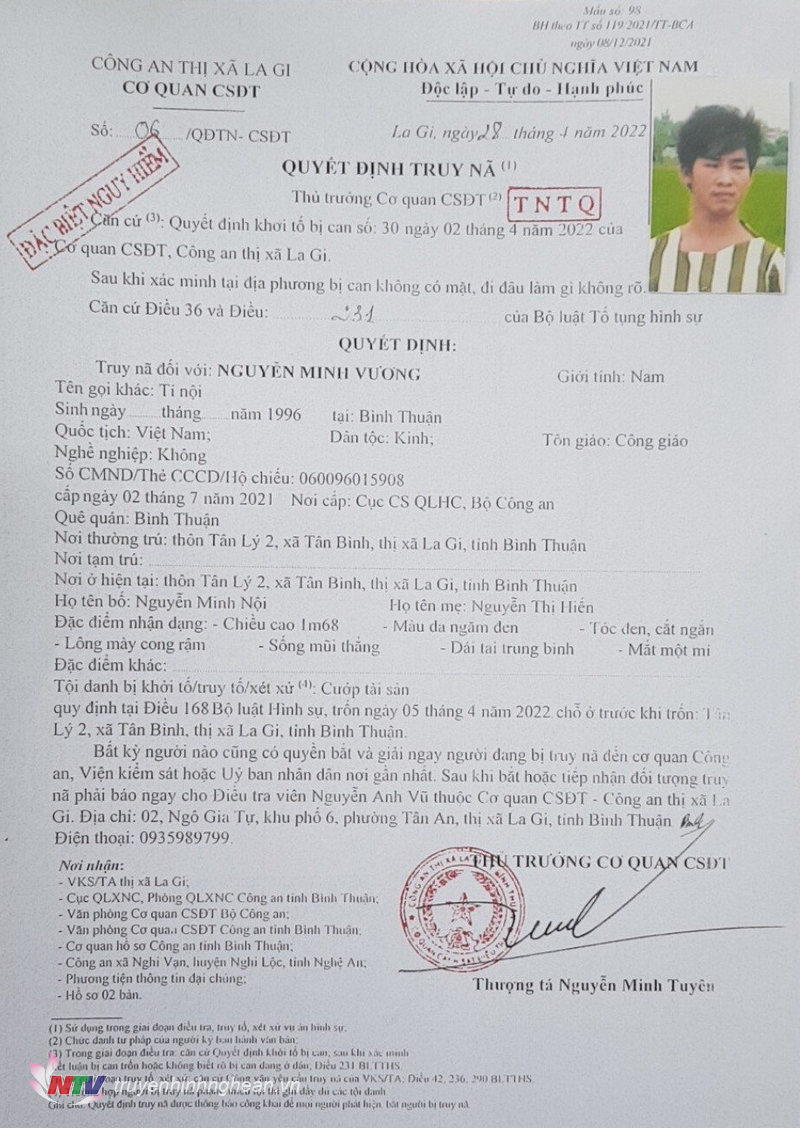 Quyết định truy nã đối tượng đặc biệt nguy hiểm Nguyễn Minh Vương.