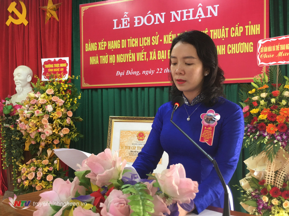 Giám đốc Sở Văn hoá - Thể Thao Nguyễn Thị Mỹ Hạnh phát biểu tại buổi lễ.