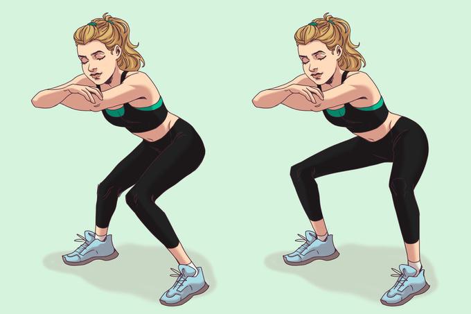 Squat mở gối  Ở tư thế squat với hai chân rộng bằng hai vai, hai khuỷu tay úp vào nhau, thực hiện động tác đóng mở gối liên tục 20 lần. 