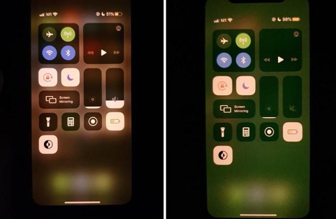 iPhone 11 (phải) bị ám xanh màn hình khi đặt cạnh chiếc iPhone bình thường. Ảnh: MacRumors.